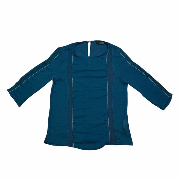 Zara W&B Collection Teal Sheer Mesh Panel Keyhole Back 3/4 Sleeve Blouse - Small - Picture 7 of 16